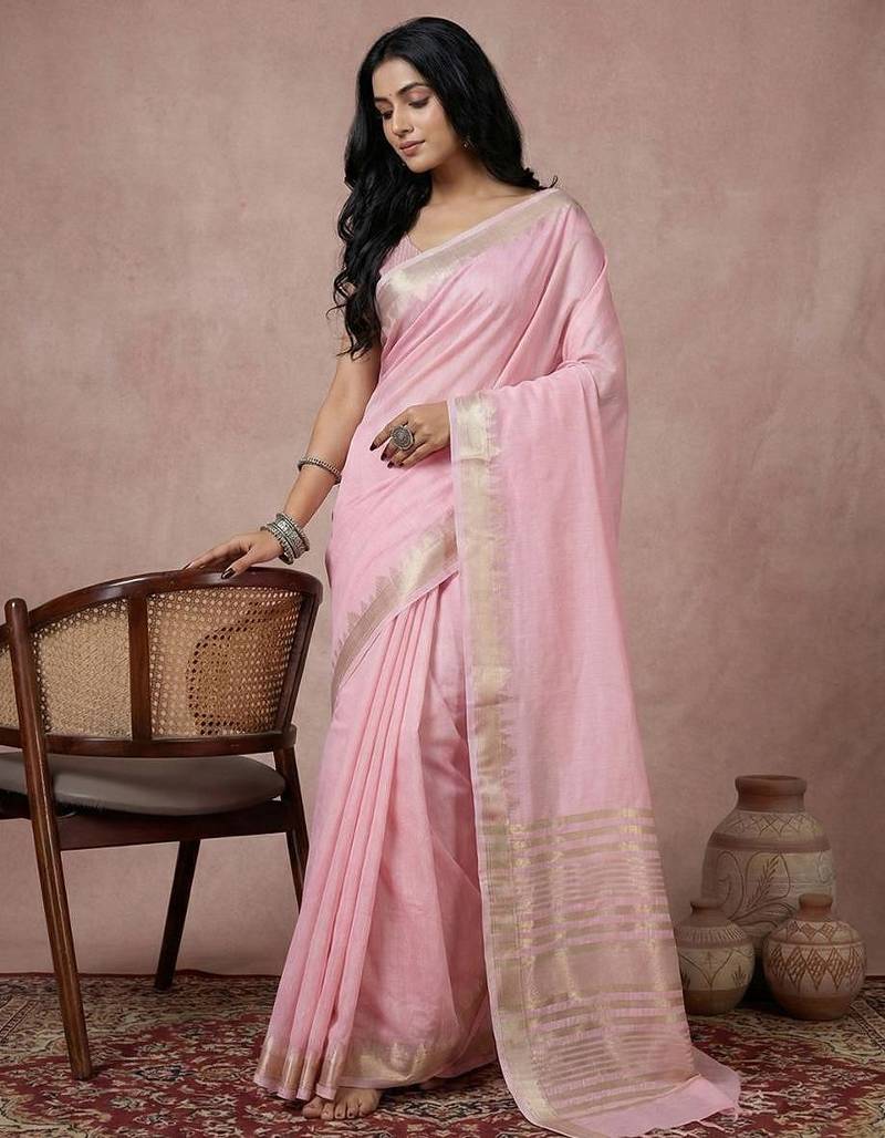Light pink color cotton zari temple border casual saree with blouse