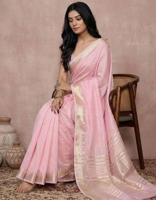 Light pink color cotton zari temple border casual saree with blouse 2