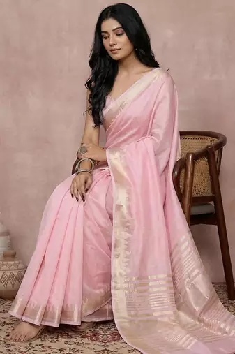 Light pink color cotton zari temple border casual saree with blouse