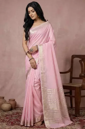 Light pink color cotton zari temple border casual saree with blouse