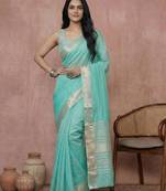 Turquise color cotton zari temple border casual saree with blouse