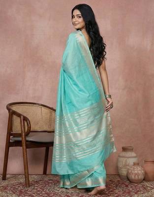 Turquise color cotton zari temple border casual saree with blouse 2
