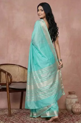 Turquise color cotton zari temple border casual saree with blouse