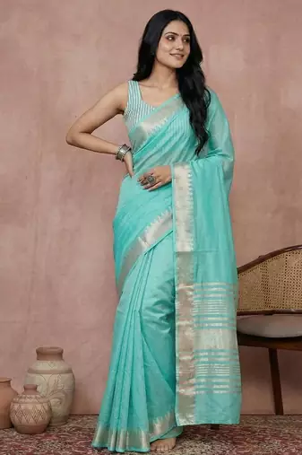 Turquise color cotton zari temple border casual saree with blouse