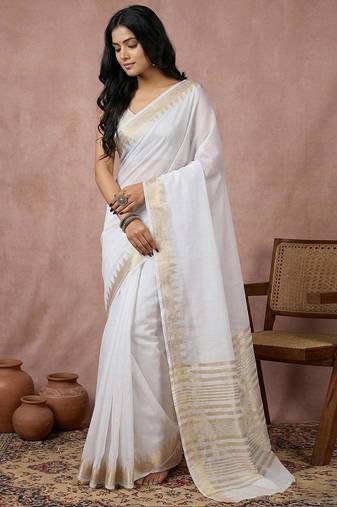 White color cotton zari temple border casual saree with blouse