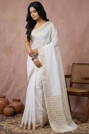White color cotton zari temple border casual saree with blouse