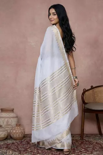 White color cotton zari temple border casual saree with blouse