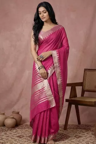 Wine color cotton zari temple border casual saree with blouse