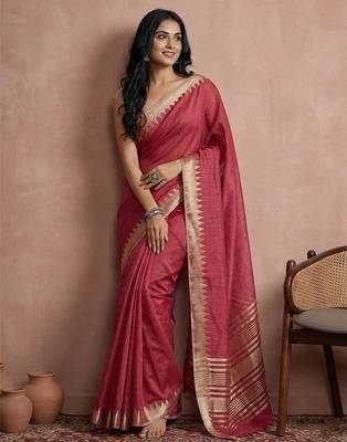 Maroon color cotton zari temple border casual saree with blouse 1