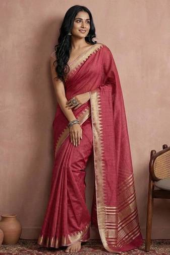 Maroon color cotton zari temple border casual saree with blouse