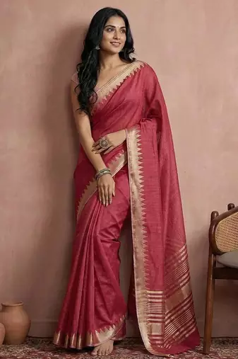 Maroon color cotton zari temple border casual saree with blouse