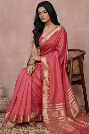 Maroon color cotton zari temple border casual saree with blouse