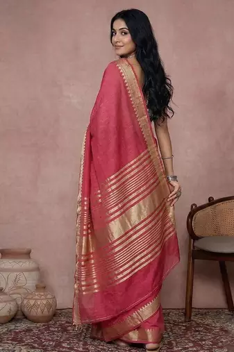 Maroon color cotton zari temple border casual saree with blouse