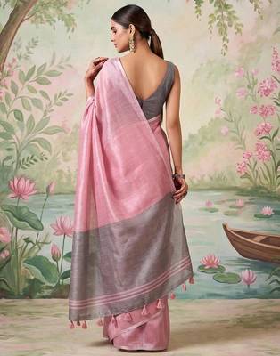Light pink solid tissue silk blend plain saree with blouse 2