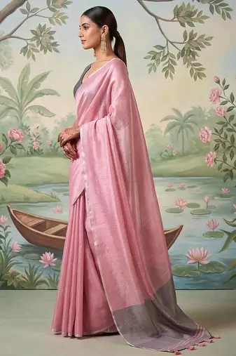 Light pink color solid tissue silk blend plain saree with blouse