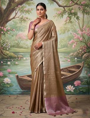 Brown color solid tissue silk blend plain saree with blouse 1