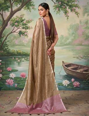 Brown color solid tissue silk blend plain saree with blouse 3