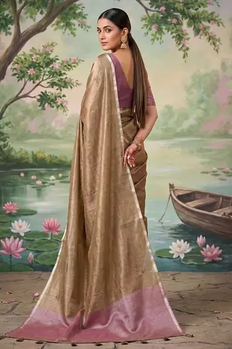Brown color solid tissue silk blend plain saree with blouse