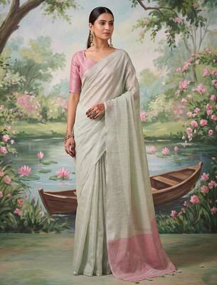 Silver color solid tissue silk blend plain saree with blouse 1