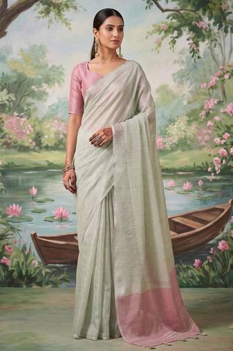 Silver color solid tissue silk plain saree with blouse