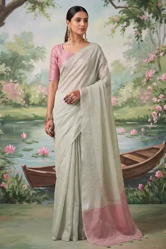 Silver color solid tissue silk plain saree with blouse