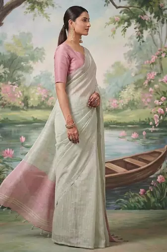 Silver color solid tissue silk blend plain saree with blouse