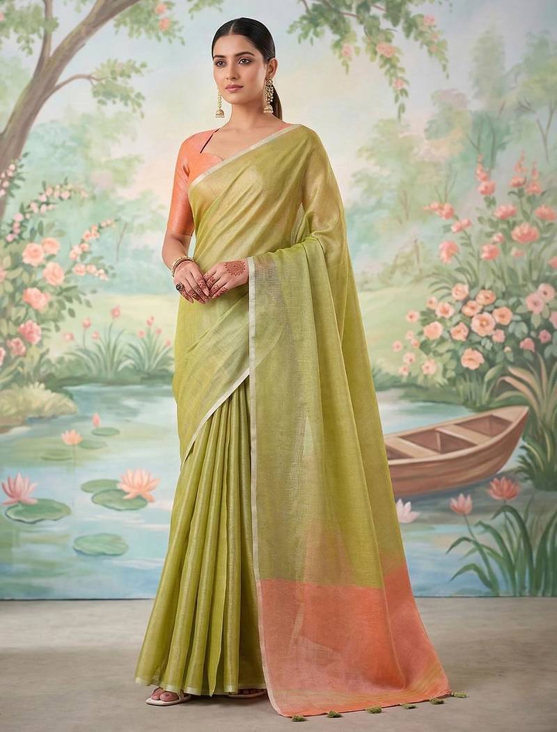 Green color solid tissue silk plain saree with blouse
