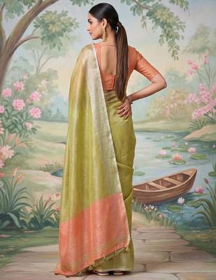 Green color solid tissue silk blend plain saree with blouse 2