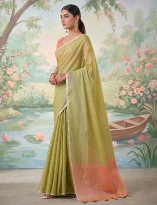 Green color solid tissue silk blend plain saree with blouse 3