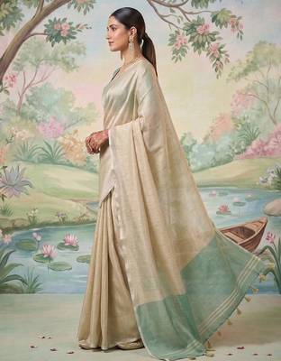 Beige color solid tissue silk blend plain saree with blouse 2