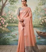 Peach color solid tissue silk plain saree with blouse