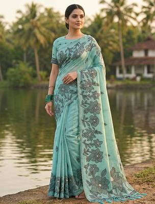 Sea green linen cotton print & embroidered work saree with blouse 1