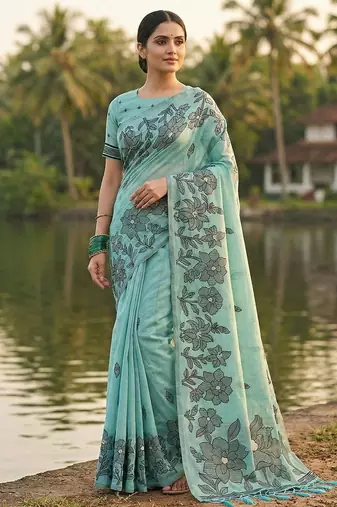 Sea green linen cotton print & embroidered work saree with blouse