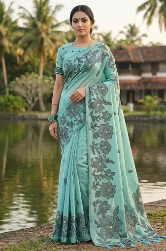 Sea green linen cotton print & embroidered work saree with blouse