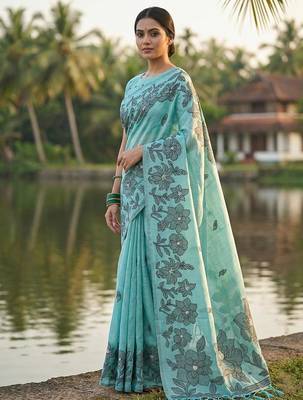 Sea green linen cotton print & embroidered work saree with blouse 4
