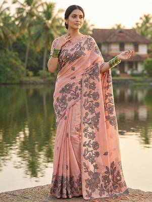 Peach linen cotton print & embroidered work saree with blouse 1