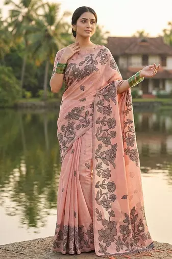 Peach linen cotton print & embroidered work saree with blouse