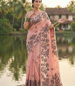 Peach linen cotton print & embroidered work saree with blouse