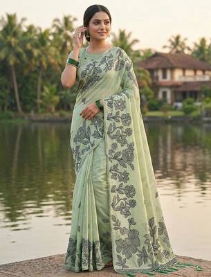 Light green linen cotton print & embroidered work saree with blouse 1