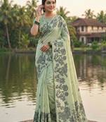 Light green linen cotton print & embroidered work saree with blouse