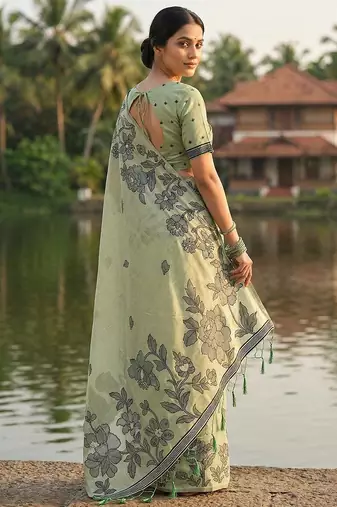 Light green linen cotton print & embroidered work saree with blouse