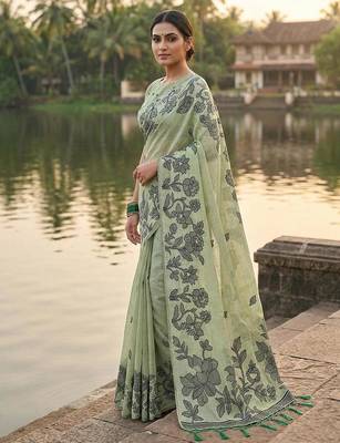 Light green linen cotton print & embroidered work saree with blouse 3