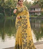Yellow linen cotton print & embroidered work saree with blouse