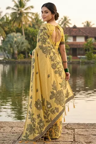 Yellow linen cotton print & embroidered work saree with blouse