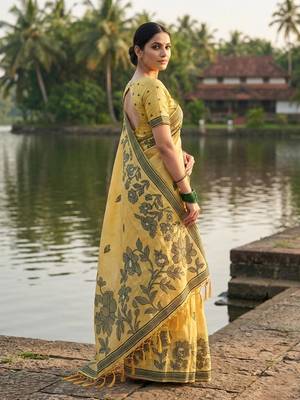 Yellow linen cotton print & embroidered work saree with blouse 3