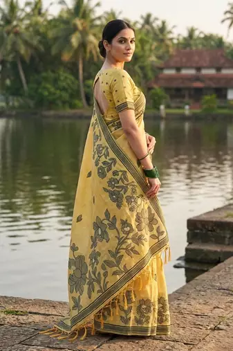 Yellow linen cotton print & embroidered work saree with blouse