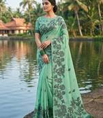 Rama green linen cotton print & embroidered work saree with blouse