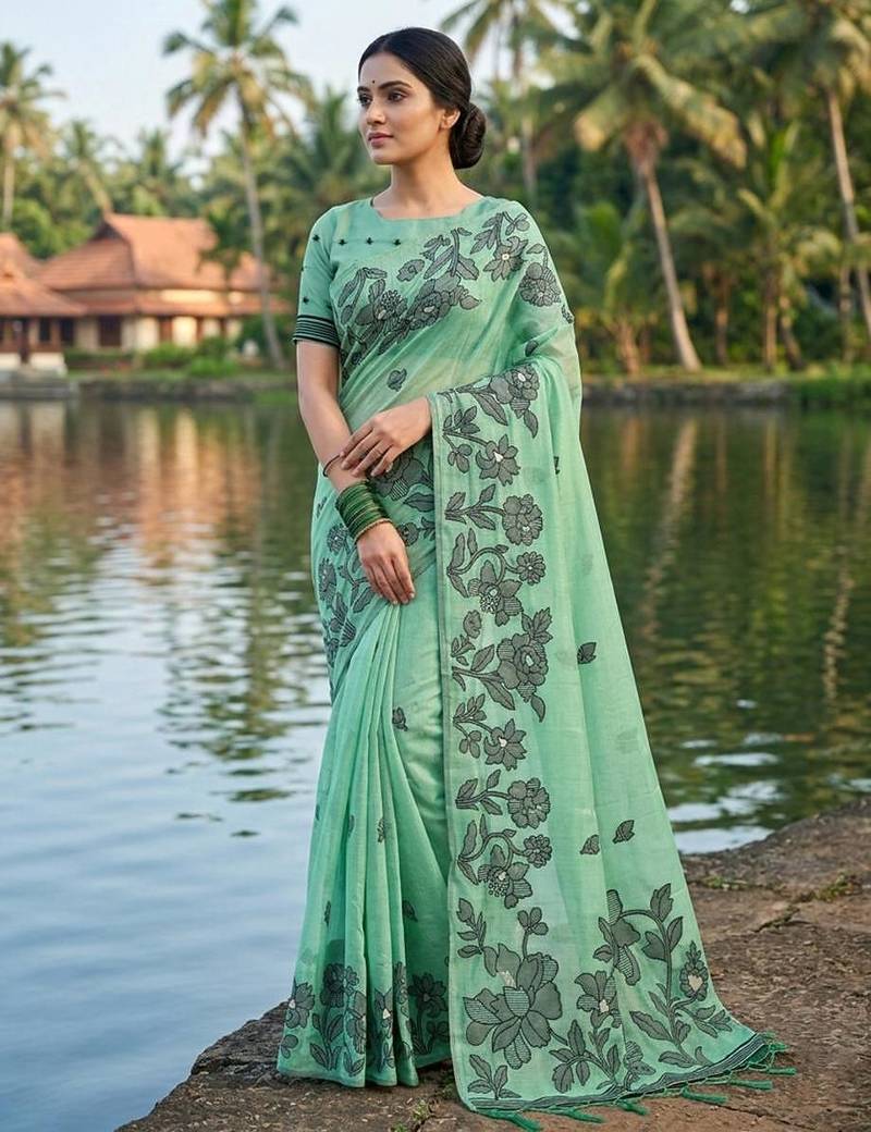 Rama green linen cotton print & embroidered work saree with blouse