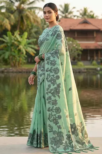 Rama green linen cotton print & embroidered work saree with blouse