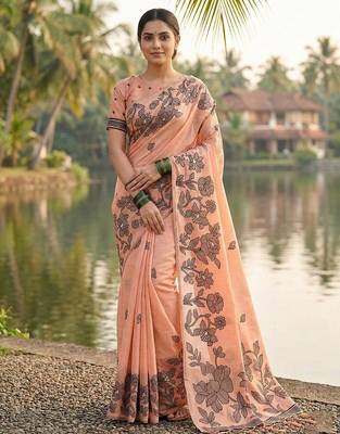 Orange linen cotton print & embroidered work saree with blouse 1
